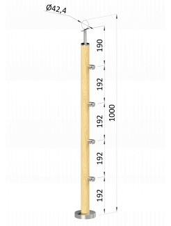 Drevený stĺp, vrchné kotvenie, 4 radový, priechodný, vrch pevný (ø 42mm), materiál: buk, brúsený povrch s náterom BORI (bezfarebný)