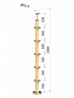 Drevený stĺp, vrchné kotvenie, 5 radový, rohový: 90°, vrch pevný (ø 42mm), materiál: buk, brúsený povrch s náterom BORI (bezfarebný)
