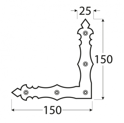 Dekoratívny/ozdobný rohovník 150x150x25mm, 2.5mm, čierne práškovanie, počet 5.0mm dier-5ks