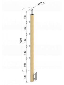 Drevený stĺp, bočné kotvenie, 4 radový, priechodný, vonkajší, vrch pevný (40x40mm), materiál: buk, brúsený povrch s náterom BORI (bezfarebný)
