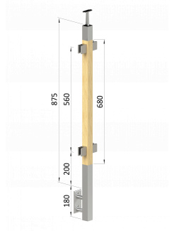 Drevený stĺp, bočné kotvenie, výplň: sklo, priechodný, vrch pevný (40x40mm), materiál: buk, brúsený povrch bez náteru