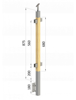 Drevený stĺp, bočné kotvenie, výplň: sklo, priechodný, vrch nastaviteľný (40x40mm), materiál: buk, brúsený povrch bez náteru