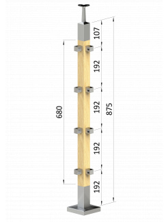 Drevený stĺp, vrchné kotvenie, 4 radový rohový, vrch pevný (40x40mm), materiál: buk, brúsený povrch s náterom BORI (bezfarebný)