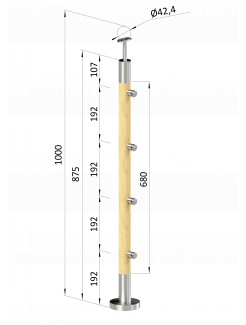Drevený stĺp, vrchné kotvenie, 4 radový, priechodný, vrch pevný (ø 42mm), materiál: buk, brúsený povrch s náterom BORI (bezfarebný)