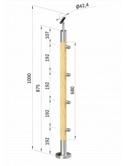 Drevený stĺp, vrchné kotvenie, 4 radový, priechodný, vrch nastaviteľný (ø 42mm), materiál: buk, brúsený povrch bez náteru