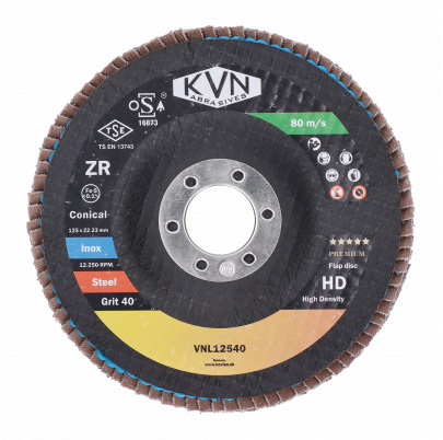 Prémiový lamelový kotúč na oceľ a nerez, 125mm, zrno 40, extra hrubý PREMIUM, 100% zirconia, kónický