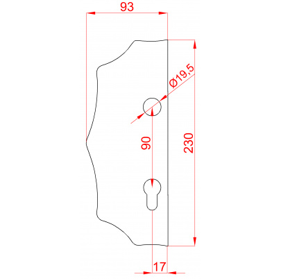Štít 230x93x3mm s otvormi, rozteč 90mm, otvor pre kľučku ø 19,5mm, hladký, obojstranný (ľavý aj pravý), pre zámok ZM90/80