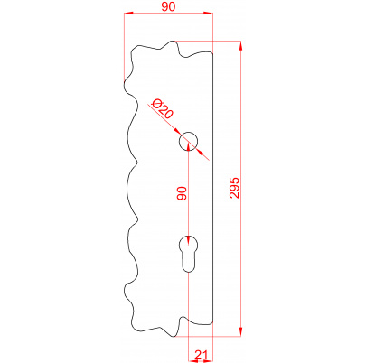 DOPREDAJ Štít 295x90x4mm s otvormi, otvor pre kľučku ø 20mm, zdobený, ľavý, pre zámok ZM90/40H