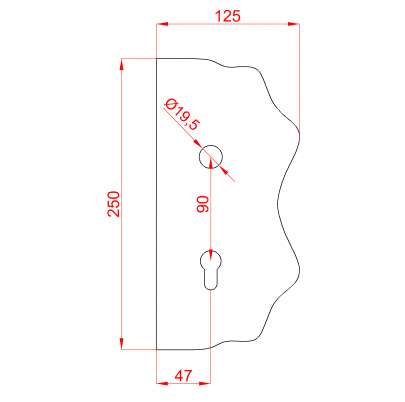 Štít 250x125x3mm s otvormi, otvor pre kľučku ø 19,5mm, zdobený, pravý, pre zámok ZM90/80