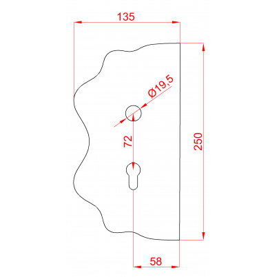 Štít 250x135x3mm s otvormi, rozteč 72mm, otvor pre kľučku ø 19,5mm, hladký, obojstranný (ľavý aj pravý), pre zámok ZMH331
