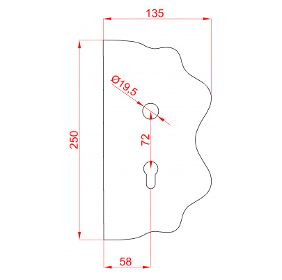 Štít 250x135x3mm s otvormi, rozteč 72mm, otvor pre kľučku ø 19,5mm, zdobený, pravý, pre zámok ZMH331