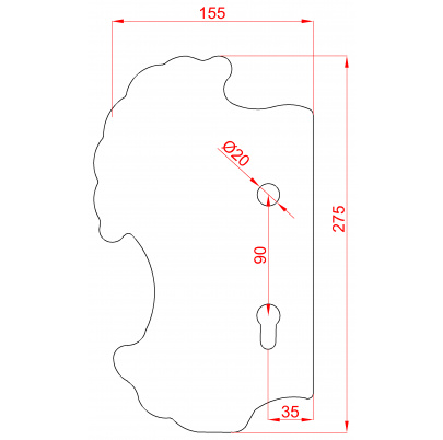 DOPREDAJ: Štít 275x155x2mm s otvormi, rozteč 90mm, otvor pre kľučku ø 20mm, zdobený, ľavý, pre zámok ZM90/50H