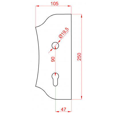 Štít 250x104x3mm s otvormi, otvor pre kľučku ø 19,5mm, hladký, obojstranný (ľavý aj pravý), pre zámok ZM90/80