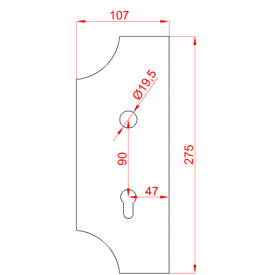 štít s otvormi 275x107x3mm, otvor na kľučku ø19,5 mm