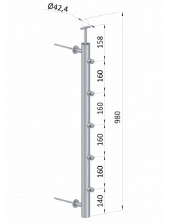 Nerezový stĺp na francúzsky balkón, bočné kotvenie, 5 radový priechodný, vrch pevný, (ø 42.4x2mm), brúsená nerez K320 /AISI304