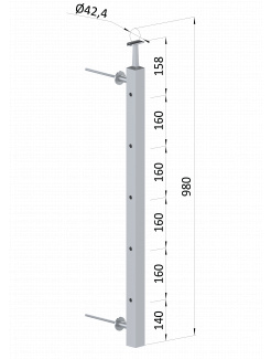 Nerezový stĺp na francúzsky balkón, bočné kotvenie, 5 dierový, priechodný, vrch pevný, (40x40x2.0mm), brúsená nerez K320 /AISI304