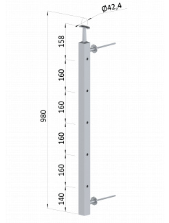 Nerezový stĺp na francúzsky balkón, bočné kotvenie, 5 dierový, pravý, vrch pevný, (40x40x2.0mm), brúsená nerez K320 /AISI304