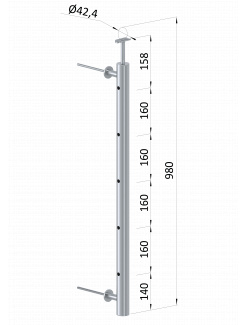 Nerezový stĺp na francúzsky balkón, bočné kotvenie, 5 dierový, priechodný, vrch pevný, (ø 42.4x2mm), brúsená nerez K320 /AISI304