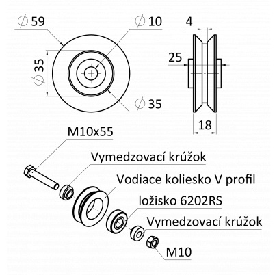 Vodiace koliesko ø 60mm jednoložiskové, V profil