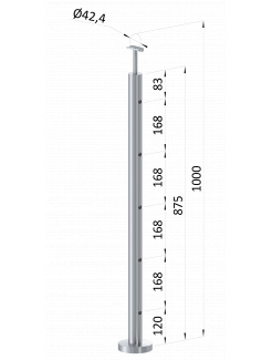 Nerezový stĺp, vrchné kotvenie, 5 dierový priechodný, vrch pevný (ø 42.4x2mm), brúsená nerez K320 /AISI304