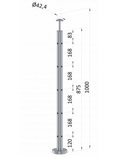 Nerezový stĺp, vrchné kotvenie, 5 dierový, rohový: 90°, vrch pevný (ø 42.4x2mm), brúsená nerez K320 /AISI304
