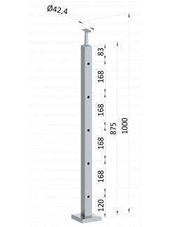 Nerezový stĺp, vrchné kotvenie, 5 dierový koncový, vrch pevný (40x40mm), brúsená nerez K320 /AISI304