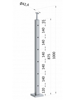 Nerezový stĺp, vrchné kotvenie, 6 dierový priechodný, vrch pevný (40x40mm), brúsená nerez K320 /AISI304