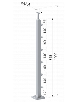 Nerezový stĺp, vrchné kotvenie, 6 radový priechodný, vrch pevný (40x40mm), brúsená nerez K320 /AISI304