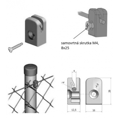 úchytka napínacieho drôtu so samovrtnou skrutkou M4, 8x25mm, čierna RAL9005