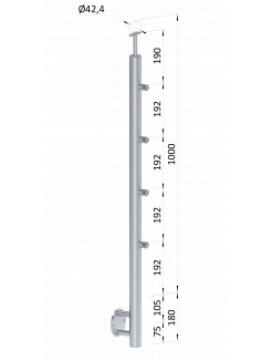 Nerezový stĺp, bočné kotvenie, 4 radový priechodný, vonkajší, vrch pevný (ø 42.4x2mm), leštená nerez /AISI304