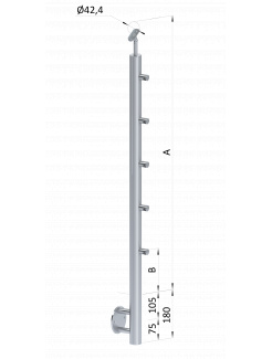 Nerezový stĺp, bočné kotvenie, 5 radový priechodný, vonkajší, vrch nastaviteľný (ø 42.4x2mm), leštená nerez /AISI304