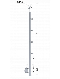 Nerezový stĺp, bočné kotvenie, 4 radový priechodný, vonkajší, vrch nastaviteľný, (ø 42.4x2mm), brúsená nerez K320 /AISI304