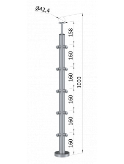 Nerezový stĺp, vrchné kotvenie, 5 radový rohový: 90°, vrch pevný (ø 42.4x2mm), leštená nerez /AISI304