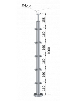 Nerezový stĺp, vrchné kotvenie, 5 radový, rohový: 90°, vrch pevný (ø 42.4x2mm), brúsená nerez K320 /AISI304