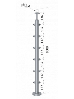 Nerezový stĺp, vrchné kotvenie, 6 radový, rohový: 90°, vrch pevný (ø 42.4x2mm), brúsená nerez K320 /AISI304
