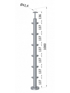 Nerezový stĺp, vrchné kotvenie, 6 radový rohový: 90°, vrch pevný (ø 42.4x2mm), leštená nerez /AISI304