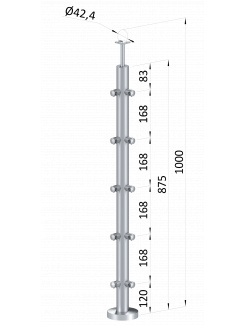 Nerezový stĺp, vrchné kotvenie, 5 radový, rohový: 90°, vrch pevný (ø 42.4x2mm), brúsená nerez K320 /AISI304