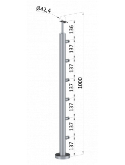 Nerezový stĺp, vrchné kotvenie, 6 radový priechodný, vrch pevný (ø 42.4x2mm), brúsená nerez K320 /AISI316
