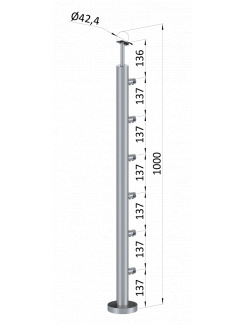 Nerezový stĺp, vrchné kotvenie, 6 radový, priechodný, vrch pevný (ø 42.4x2mm), brúsená nerez K320 /AISI304