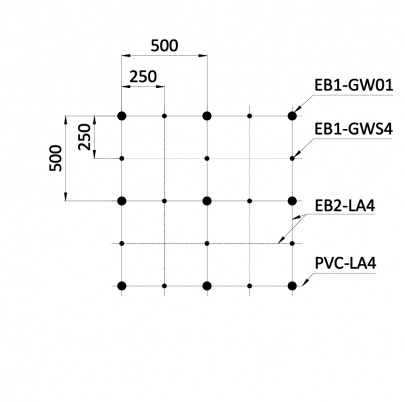 Montážna sada pre zelenú stenu - nerez, rozmer 3x2m. Set obsahuje: EB1-GW01 (35ks), PVC-LA4 (44ks), EB2-LA4 (70m), EB1-GWS4 (58ks)