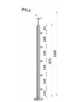 Nerezový stĺp, vrchné kotvenie, 5 radový priechodný, vrch pevný (ø 42.4x2mm), brúsená nerez K320 /AISI304