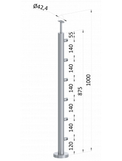 Nerezový stĺp, vrchné kotvenie, 6 radový, priechodný, vrch pevný (ø 42.4x2mm), brúsená nerez K320 /AISI304
