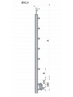 Nerezový stĺp, bočné kotvenie, 6 radový priechodný, vnútorný, vrch nastaviteľný, (ø 42.4x2mm), brúsená nerez K320 /AISI304