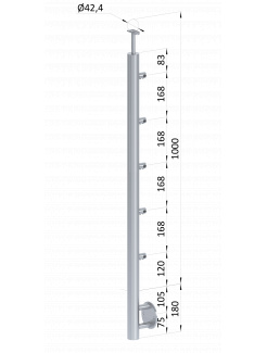 Nerezový stĺp, bočné kotvenie, 5 radový priechodný, vnútorný, vrch pevný, (ø 42.4x2mm), brúsená nerez K320 /AISI304