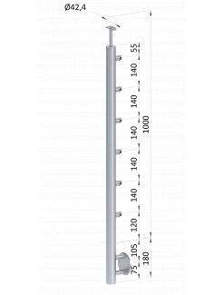 Nerezový stĺp, bočné kotvenie, 6 radový priechodný, vnútorný, vrch pevný, (ø 42.4x2mm) brúsená nerez K320 /AISI304