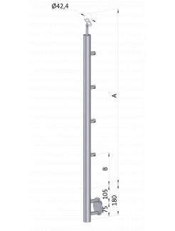 Nerezový stĺp, bočné kotvenie, 4 radový priechodný, vnútorný, vrch nastaviteľný, (ø 42.4x2mm), brúsená nerez K320 /AISI304