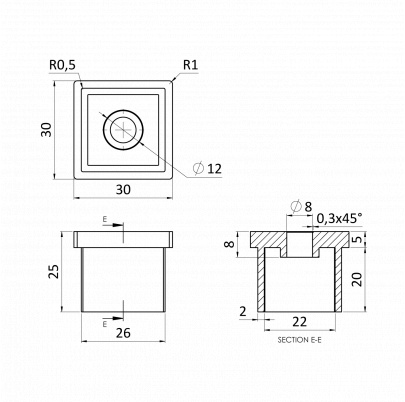 Ukončenie na jokel 30x30x2.0mm, s dierou ø8mm, brúsená nerez K320 /AISI304
