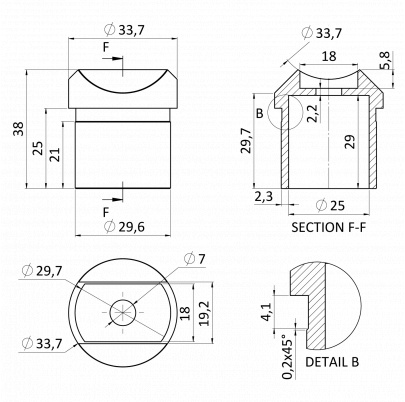 Držiak madla ø33.7mm na trubku ø33.7mm, brúsená AISI304
