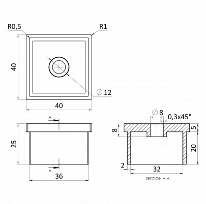 Ukončenie jokla 40x40x2.0mm, s dierou ø8mm, brúsená nerez K320 /AISI304