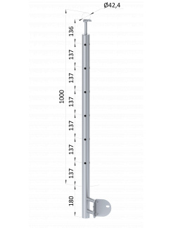 Nerezový stĺp, bočné kotvenie rohové, 6 dierový, rohový:90°, vrch pevný (ø 42.4x2mm), brúsená nerez K320 /AISI304